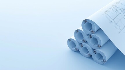 Fototapeta premium Rolled architectural blueprints stacked in a pyramid formation on a light blue surface, representing planning and construction projects and future development.