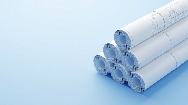 Rolled architectural blueprints stacked in a pyramid formation on a light blue surface, representing planning and construction projects and future development.