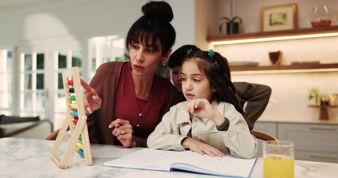 Mother, teaching and child in home with notebook, math lesson and counting for education. Mature woman, tutoring and kid at house with abacus, learning support and problem solving for study session