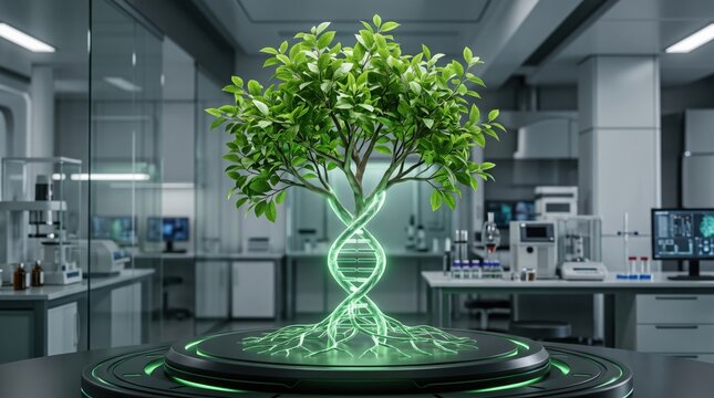 Futuristic green tree growing from a glowing DNA helix inside a modern biotechnology laboratory. Genetics, biotechnology, plant science, environmental research, and scientific innovation