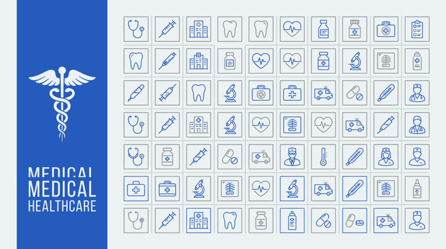 Comprehensive Medical Icon Set with thin line healthcare symbols and blue Caduceus sidebar ideal for healthcare websites and medical app interfaces.