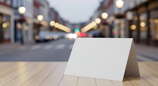 Blank White Table Tent Display Standing on Wooden Surface in Blurred Urban Street