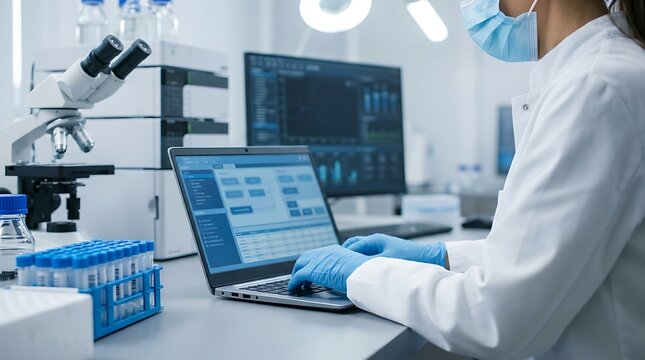 Professional female scientist wearing white lab coat and mask working on laptop with laboratory microscope equipment in bright research facility performing medical analysis data research.