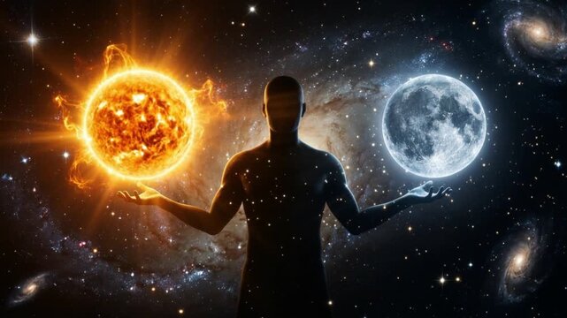 Cosmic being holding sun and moon in vast galaxy with swirling nebulae