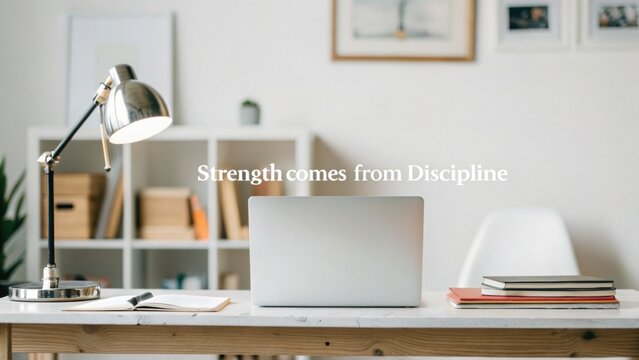 Modern Workspace with Inspirational Quote on Discipline and Strength, Featuring Minimalist Desk and Lamp Aesthetics