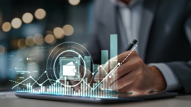 Business executive monitoring digital wallet, financial dashboard and rising performance chart, illustrating business finance, revenue growth, cash flow management and strategic financial planning