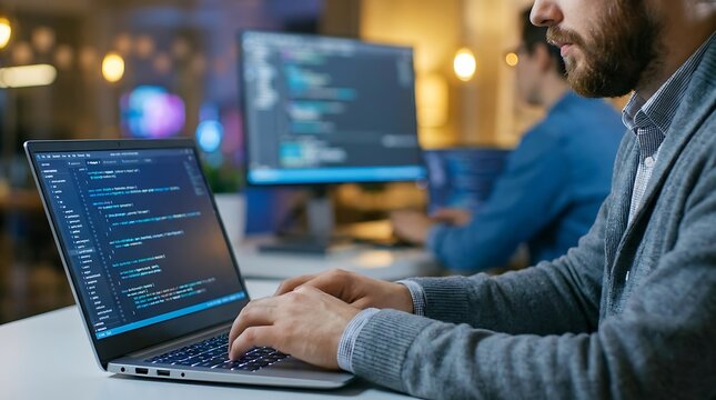 Male software engineer typing on laptop with code on screen in bright modern office with colleagues.