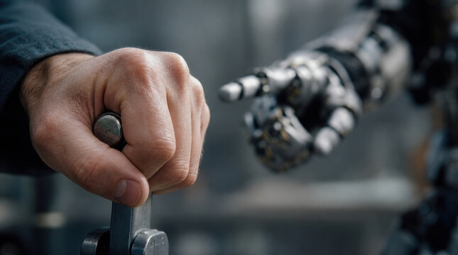 Hand lever metal grip robot close up human fist mechanical control determined human hand gripping simple metallic lever beside robotic hand in blurred industrial setting