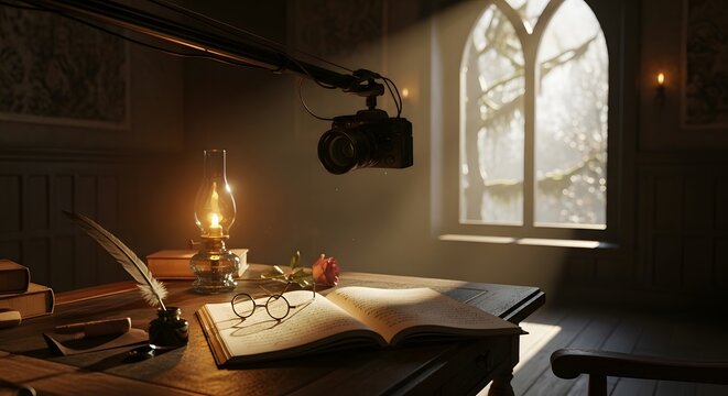 Desk with open book quill lamp and camera