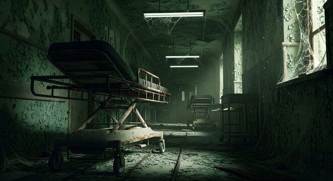 Abandoned hospital hallway with old medical gurney