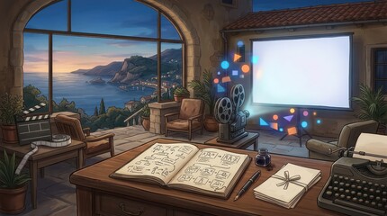 Obraz premium Cozy Writer Room with Projector Screen and Ocean View at Sunset.