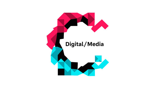 A colorful abstract letter shape formed by geometric triangles on white background