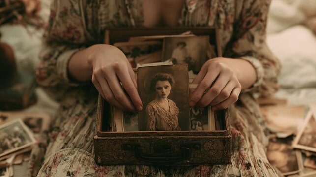 Woman holding old photograph from a vintage box