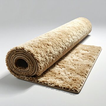A rolled beige carpet with a fluffy texture, partially unrolled on a light grey background
