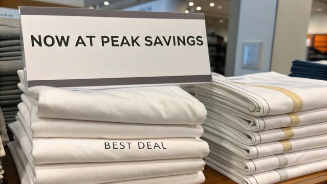 Promotional Sign Featuring Savings Announcement on Neatly Stacked White Bedding and Bed Linens in Retail Store Display