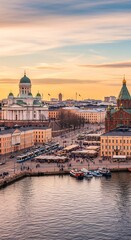 Fototapeta premium Historic Helsinki Waterfront Skyline Glowing at Sunset Over Busy Harbor Square