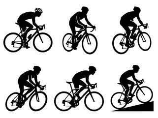 Obraz premium Various black silhouettes showing diverse cyclists riding different types of road bikes mountain bikes tandem cycles and commuting city bicycles during active outdoor sports activities isolated on a w