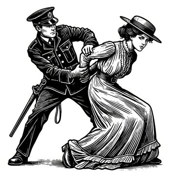 Black and White Scratchboard Illustration of Victorian Police Officer Restraining Woman &ndash; Historical Engraving Scene