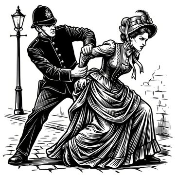 Black and White Scratchboard Illustration of Victorian Police Officer Restraining Woman &ndash; Historical Engraving Scene