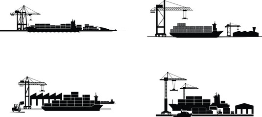 Obraz premium Industrial port and cargo shipping terminal crane silhouettes with shipping logistics industrial