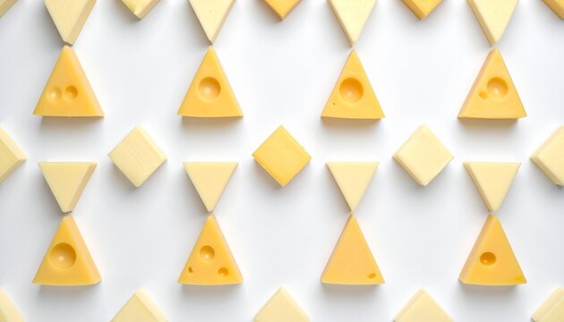 Symmetrical pattern of geometric cheese triangles and cubes on white background