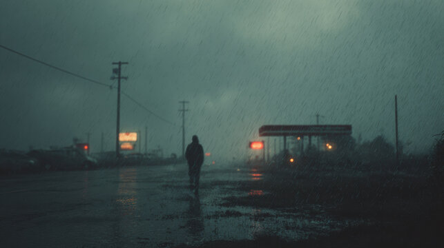 Man Standing Foggy Road Night Red Light Gas Station Mysterious Rural Moody Cinematic Background