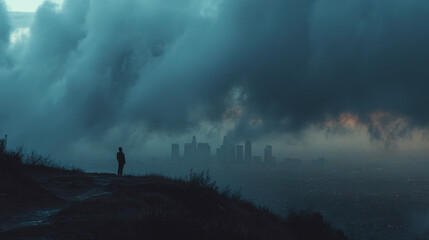 Fototapeta premium Man Standing City Skyline Storm Clouds Fog Silhouette Water Dusk Moody Atmospheric Landscape Background