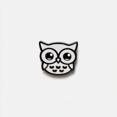Fototapeta premium Enamel pin design features an owl face on a white background with colorful fills. The design is flat and bold with a black outline.