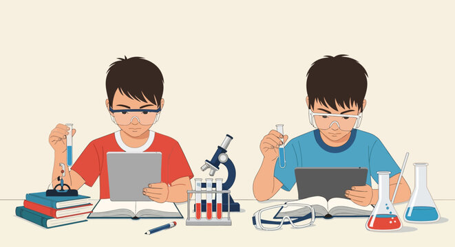 Two young boys engaged in science experiments at a desk.