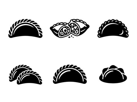Detailed black and white vector illustration set of delicious traditional empanada pastries showing various crust styles and tasty savory fillings presented in a collection of isolated icons on transp