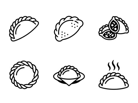 Six distinct hand drawn empanada illustrations featuring various crimped pastry edges and savory dough shapes displayed in a clean monochrome line art style isolated as a set on transparent background