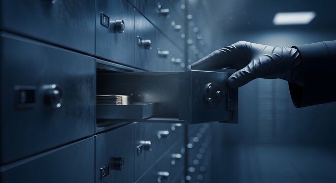 gloved hand opening a secure bank vault drawer