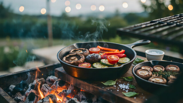 Fresh vegetables and mushrooms cooking in a cast iron skillet on a hot charcoal grill at sunset outdoors