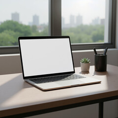 Fototapeta premium Laptop with blank screen on desk near window