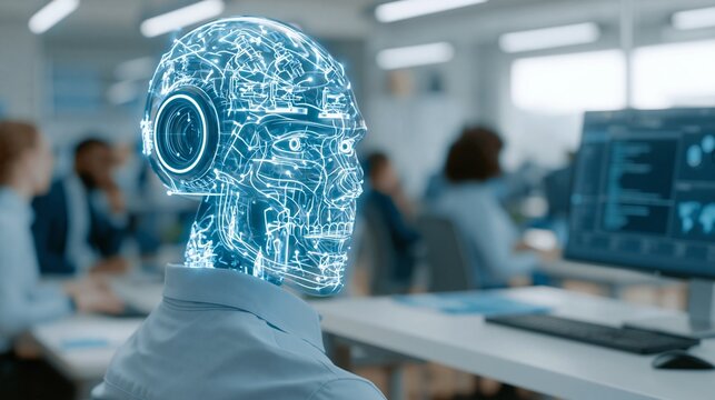 Futuristic cyborg head digital overlay in modern office workspace