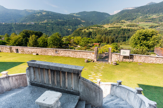 Stone stairs leading through a historic garden evoke travel and exploration at Palazzo Baisi, Monte Baldo Natural Park, Brentonico, Trentino, Veneto, Italy.