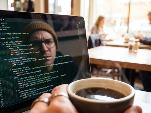 Programmer writing code on laptop screen with coffee cup in cafe