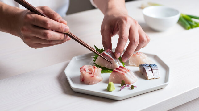 料理人によって高級な器に盛り付けられた鮮度の良い刺身