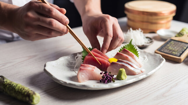 料理人によって高級な器に盛り付けられた鮮度の良い刺身