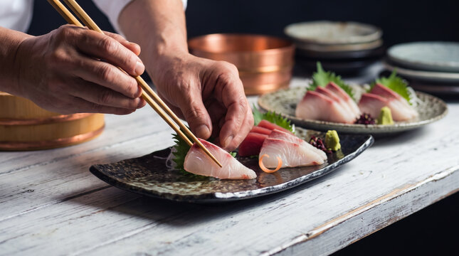 料理人によって高級な器に盛り付けられた鮮度の良い刺身