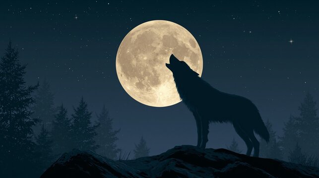 Silhouette of a Wolf Howling at Full Moon in Dark Forest Night