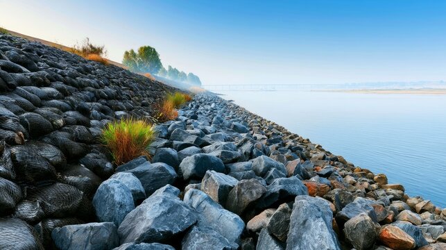 Riprap and Embankment Stabilization Along Serene Waterbody in Early Morning Light