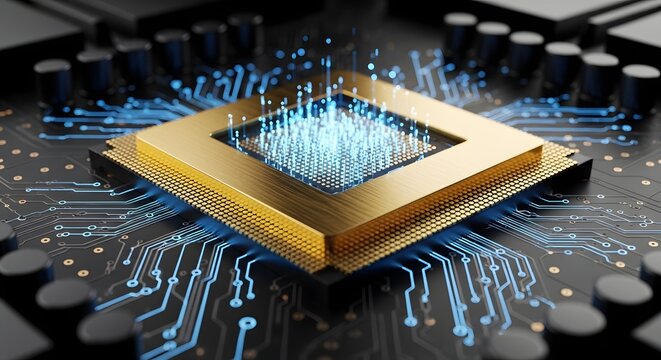 Gold microprocessor on circuit board with blue glowing light