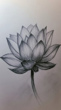 Detailed pencil sketch of a lotus flower with delicate shading and petals