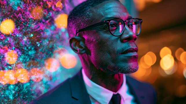 Close-up portrait of thoughtful businessman with glasses in neon urban night light