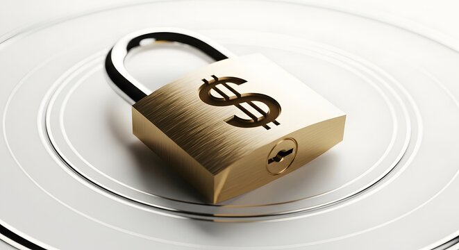 Gold padlock with dollar sign on reflective disc