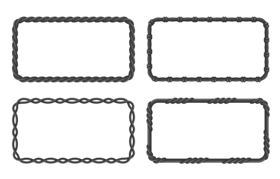 Set of rectangular wrought iron decorative frames vector illustration. Collection of detailed borders.