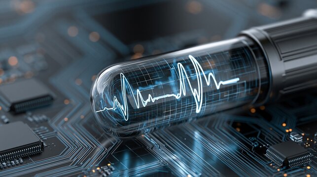 Futuristic Transparent Capsule with Digital Heartbeat Over Circuit Board