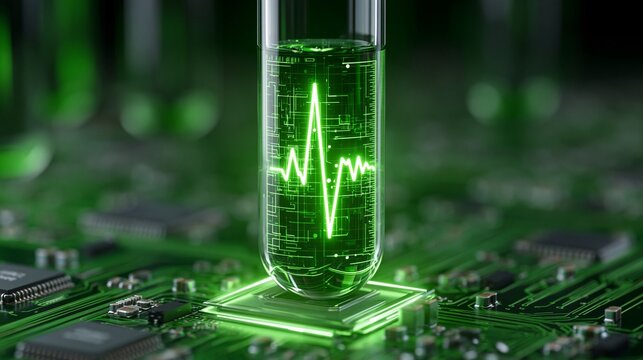 Close-up of green glowing circuit board with futuristic digital health pulse display
