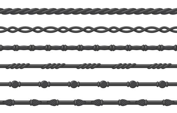 Collection of six detailed wrought iron decorative borders. Set of dark gray seamless patterns